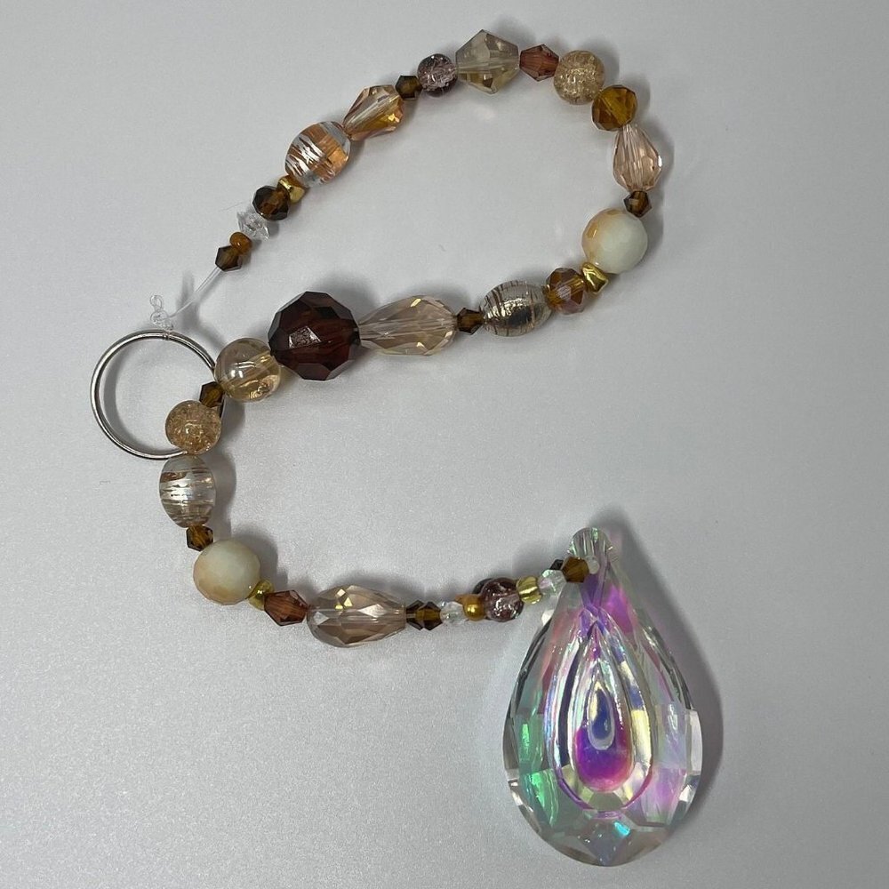 Beaded Suncatcher Brown Champagne Gold Clear Crystal Prism Hanging Patio Decor